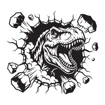 Fierce t-rex dinosaur head breaking through a stone wall