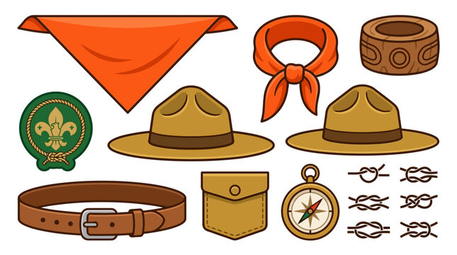 Folded scout neckerchief scarf and wooden woggle slide holder for traditional youth scouting uniform branding and camping apparel graphics