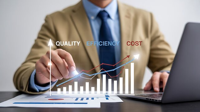 Business analytics chart showing growth in quality, efficiency, and cost reduction