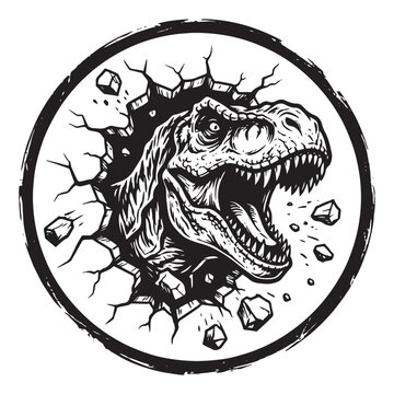 Fierce t-rex dinosaur breaking through a wall circle emblem