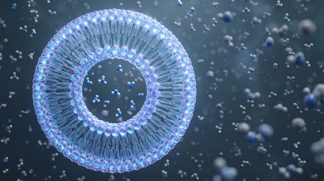 Scientific illustration of a lipid bilayer liposome vesicle in a cellular environment