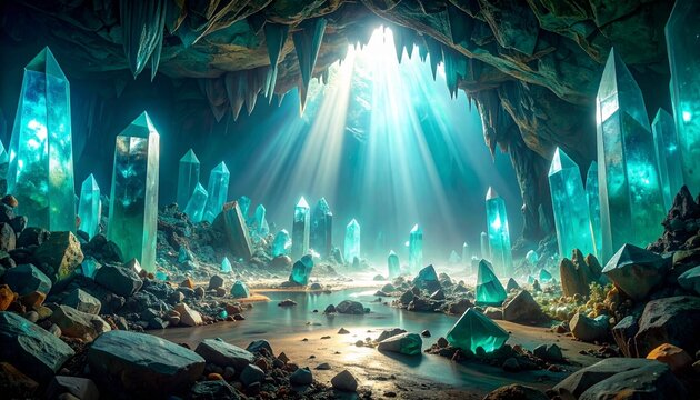 Bioluminescent underwater cave with glowing stalactites and fish.