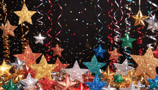 Gold glitter star silver glitter star red glitter star green glitter star blue glitter star festive confetti party streamer new year celebration