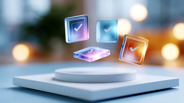 A glowing softly defocused model evaluation hologram with floating quality score tiles drifts above a clean bright pastel platform in calm daylight model evals faceless concept