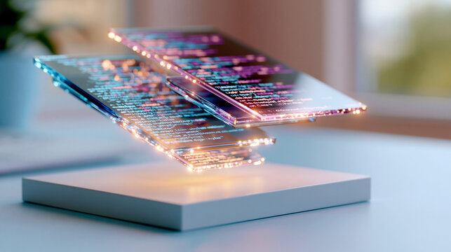A glowing softly defocused AI coding copilot hologram with floating code suggestion tiles drifts above a clean bright pastel platform in calm daylight coding copilot faceless