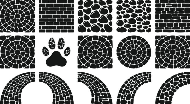 Stone pavement and masonry patterns collection, cobblestone texture and brickwork illustration, architectural surface design concept
