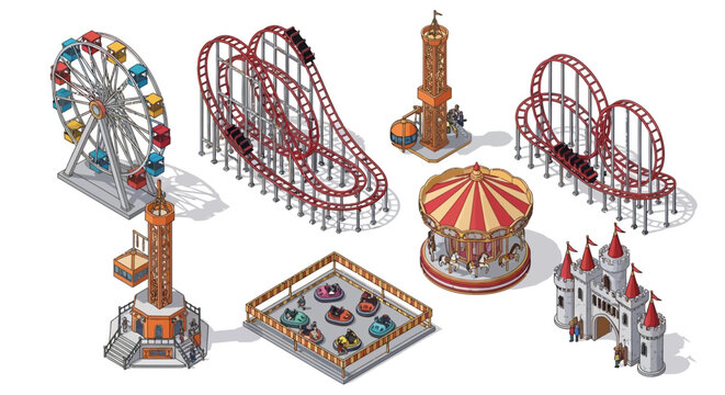 Isometric amusement park ride collection featuring roller coaster ferris wheel carousel and bumper cars for theme park map design vector