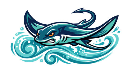 Obraz premium Powerful stingray mascot swimming through blue ocean waves
