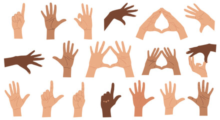 Fototapeta premium Large set of human hand gestures showing various counts, signals, and symbols including counting and pointing with different skin tones.