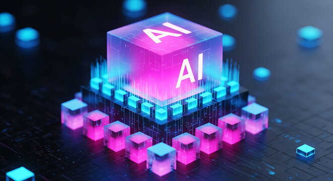 Abstract AI chip with glowing cubes and circuits artificial intelligence processor technology futuristic microchip computer innovation abstract electronic computing intelligence connection