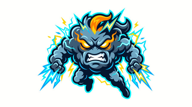 Powerful angry storm cloud character with electric lightning bolts
