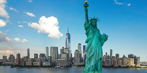 Liberty statue in New York City. Statue of Liberty near New York City banner. NYC skyline with Liberty statue. Liberty monument and New York City skyline. New York City cityscape. © Volodymyr