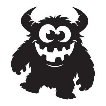 Cute black monster silhouette with horns and big smile