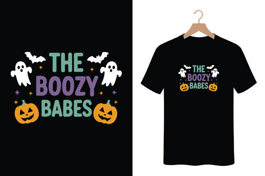 The boozy babes halloween t-shirt design with cute ghosts and pumpkins
