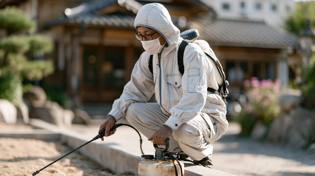 Pest control specialist in protective gear treating outdoor kennel perimeter for flea and tick infestation, industrial sprayer aimed at concrete run edges, veterinary clinic exterior visible in back