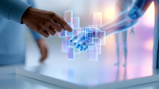 A glowing softly defocused human AI partnership hologram with floating collaboration tiles drifts above a clean bright pastel platform in calm daylight human AI partnership