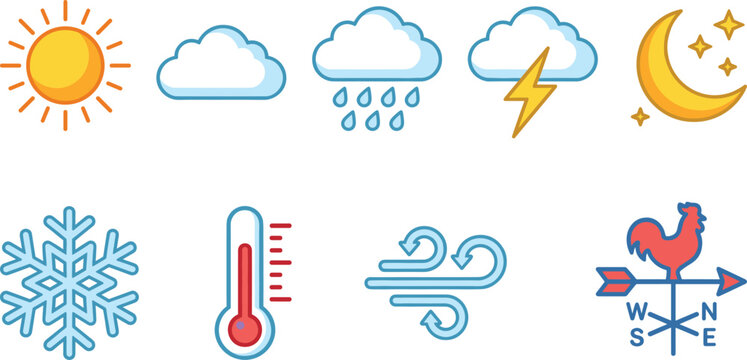 Collection of weather icons with sun clouds rain lightning moon snowflake thermometer wind and weathervane