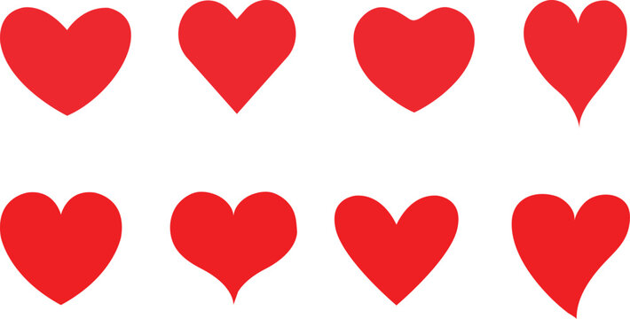 Set of ten red heart icons featuring solid shapes broken hearts outlines and overlapping designs on white background.