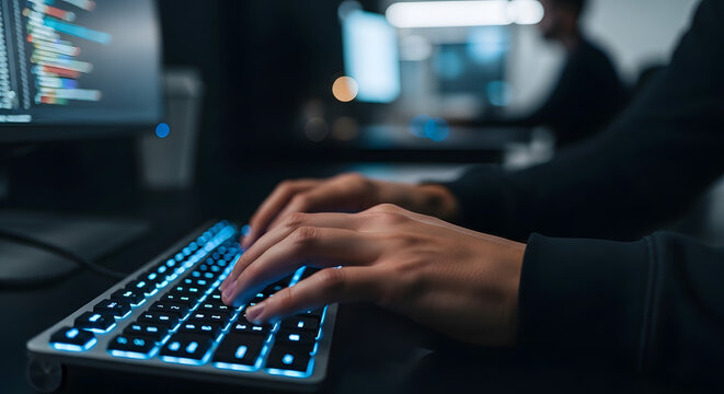 Close up of person hands typing on computer keyboard with blue light in office.