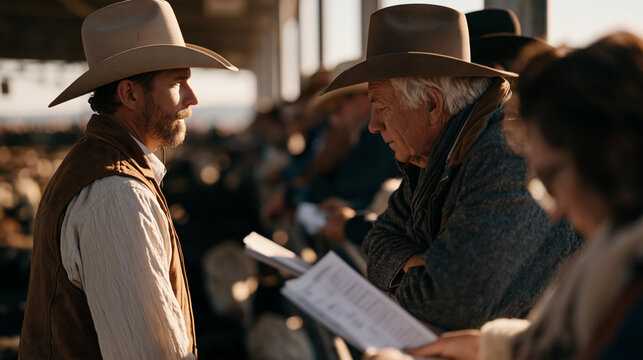 Livestock auctioneer calling bids over crowded cattle pen at rural agricultural fair, cattlemen leaning over railing examining animals below, sale catalog pages fluttering, dust rising under harsh m