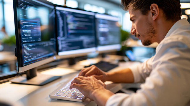 An over the shoulder view of European hands codes softly on a bright dual monitor while a glowing softly defocused copilot panel floats nearby against a bright defocused office