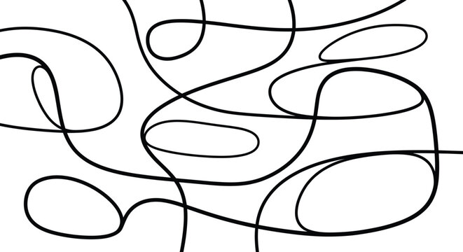 Abstract tangled line drawing, looping black curves, visual puzzle art, cognitive maze design, white background sketch, intricate path illustration.
