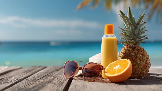 Refreshing fruit and drink on a beachside table with clear water in the background during sunny weather