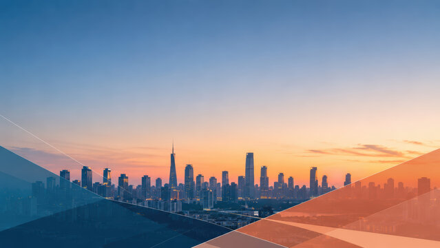 city skyline at sunset with geometric overlay and blue orange gradient