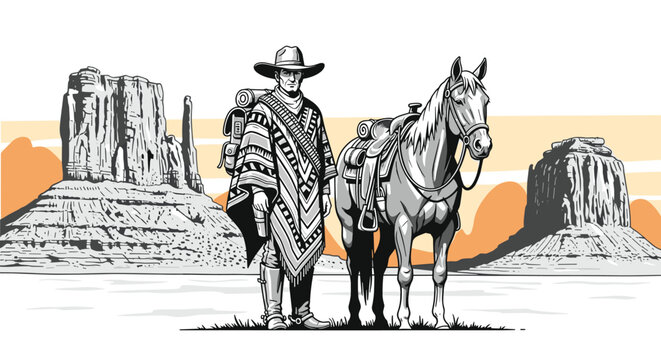 Rugged cowboy standing beside his saddled horse in a classic western desert landscape with mesa rock formations.