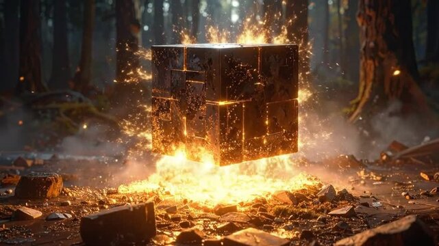 A glowing geometric shape surrounded by fire and sparks in a forest setting