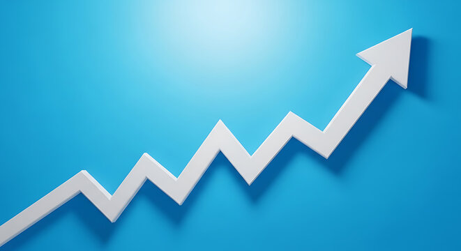 White arrow graph going up on blue background with increase positive analysis business financial progress development statistics abstract improvement