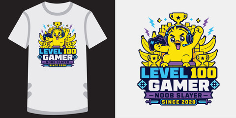 Level one hundred gamer noob slayer duck character sitting on banana throne with trophies. © jubayer71