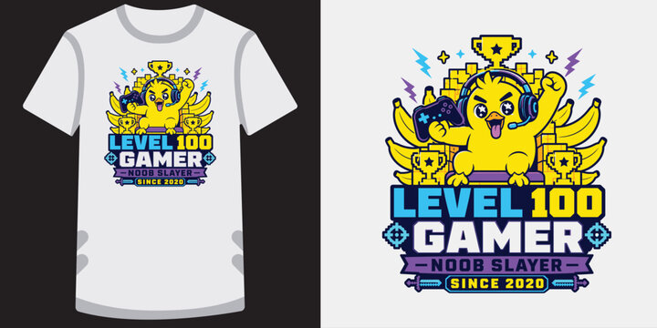 Level one hundred gamer noob slayer duck character sitting on banana throne with trophies.