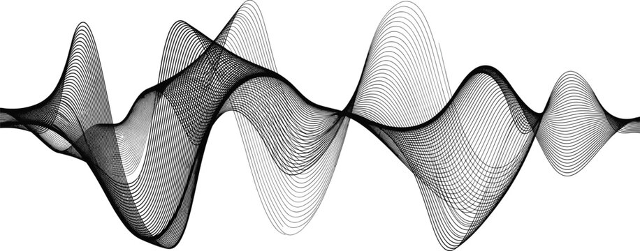 Abstract waveform pattern, sinusoidal curve design, harmonic motion art, black line oscillation, physics-inspired graphic, signal flow, dynamic frequency illustration.