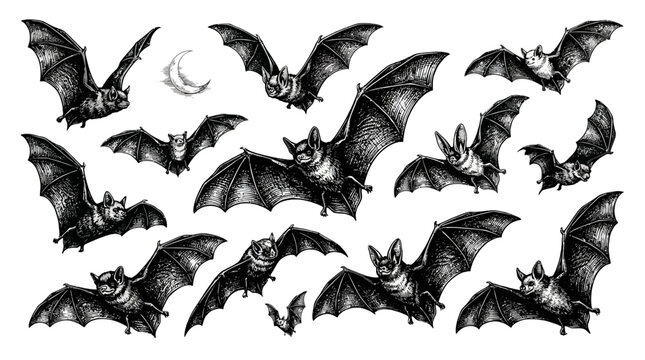 black silhouettes of bats vector illustration Halloween bats, flying bats, black bats, bat illustrations, creepy creatures isolated on White Background eps silhouette