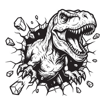 Fierce t-rex dinosaur breaking through a brick wall
