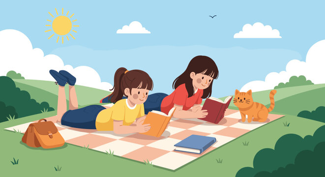 Two young girls lying on a picnic blanket in a grassy field reading books with their pet cat on a bright and sunny spring afternoon.