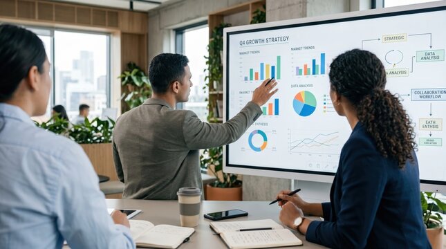 Corporate team meeting discussing Q4 growth strategy and market trends on interactive whiteboard, collaborative workflow and data analysis in modern startup office space