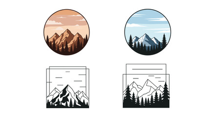 Fototapeta premium Set of four stylized mountain landscape logos in circular and square frames with pine trees and cloudy sky.