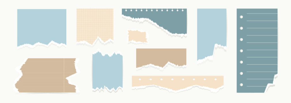 Big set of checkered, lined, colored sheets of paper from a math notebook, diary, notepad torn into pieces, glued to tape for text collage presentation flyer. Isolated vector on gray background EPS10