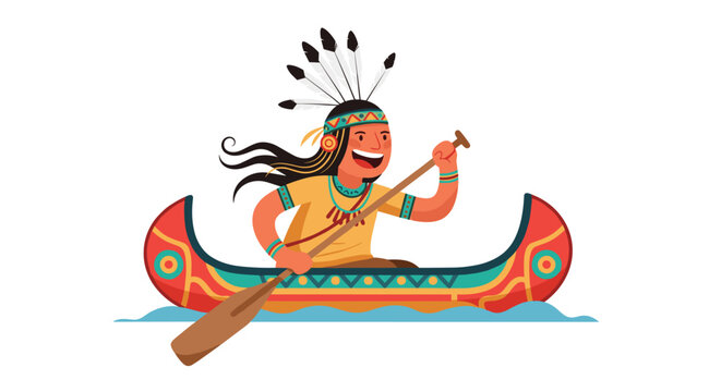 Joyful indigenous person wearing traditional feathered headdress paddling a decorated canoe on blue water waves.