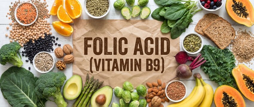 Foods rich in Folic Acid (Vitamin B9). Flat lay of healthy vegetables, fruits, legumes, and nuts around a paper sign. Diet and nutrition concept