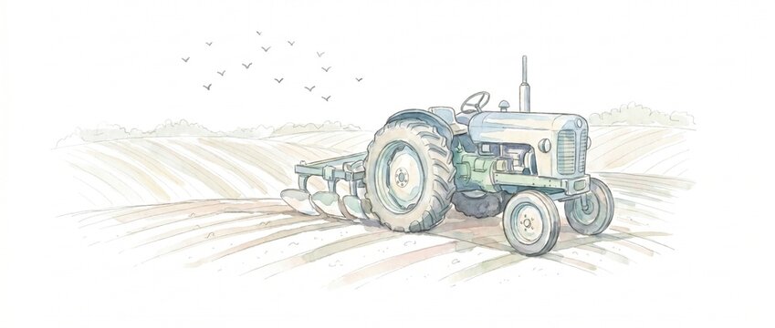 Watercolor illustration of a vintage blue tractor plowing a farm field. Hand drawn sketch of agricultural rural landscape