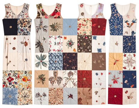 A patchwork quilt with various floral patterns on dresses