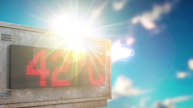 Sommer, Sonne und ein LED Thermometer, der Hitze anzeigt