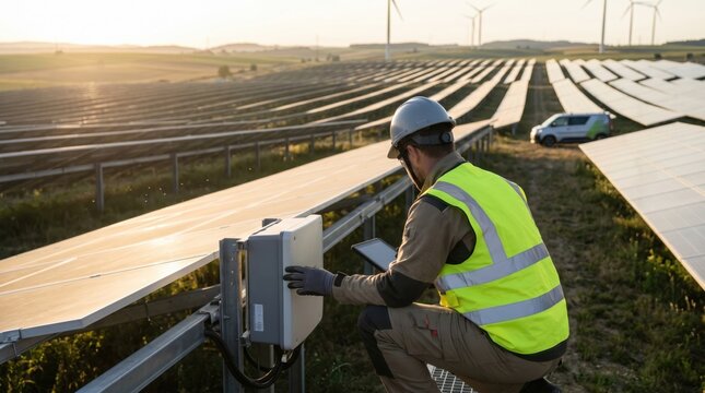 Engineer in safety vest inspecting solar panel inverter at renewable energy farm, sustainable power generation technology maintenance concept.