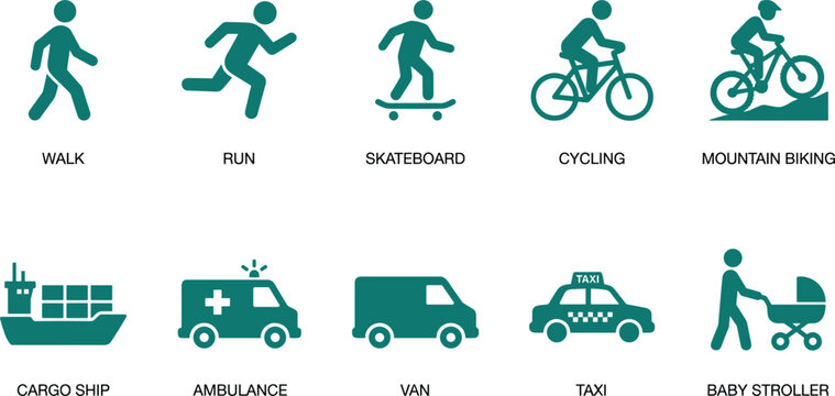Urban mobility icon set featuring ambulance taxi delivery van cycling mountain biking and walking people.