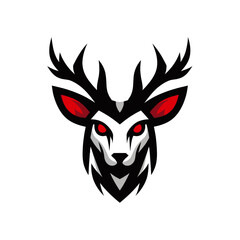 Fototapeta premium A striking, stylized illustration of a deer's head with glowing red eyes and sharp black antlers.