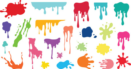 Big set of colorful paint spots. Template paint splash isolated on white background. Round splash, decorative shapes liquids. Different splashes and drops, cartoon splatters. Stain ink. Vector design © MSTNAZRIN