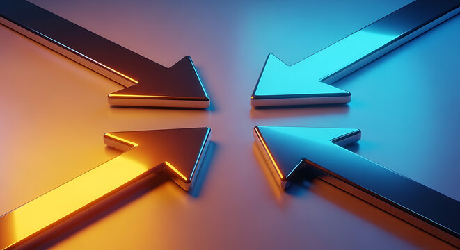Four metallic arrows converging in the center with converge metallic direction together strategy teamwork leadership competition abstract rendering movement business approach connection